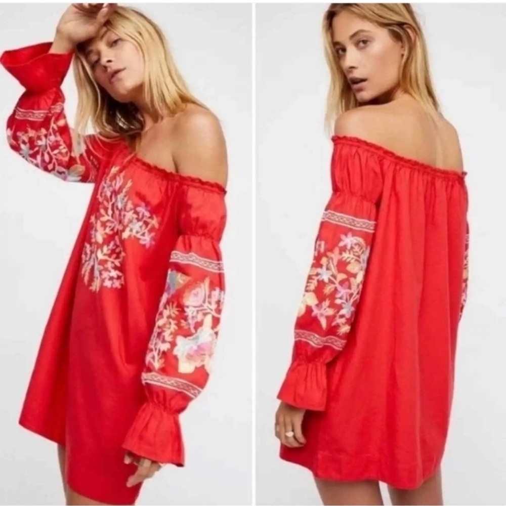 Free People Red Embroidered Off-Shoulder Mini Dress